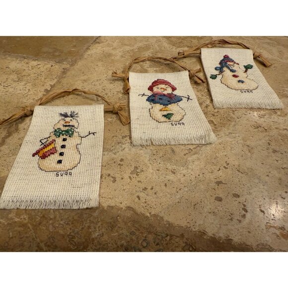 Handmade Cross-Stitch Snowman Wall Hangings Set Of 3 With Rustic Twine Hangers - Picture 5 of 7